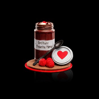 Jam jar: “Chouette Maman” (Sweet Mom) - Dark and white chocolate, almonds, hazelnuts, choconougat and chocolate hearts 340g 55.-