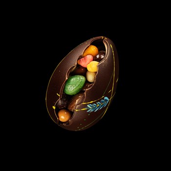 L'oeuf Virginie - Noir ou lait, garni amandes et noisettes enrobées, oeuf pralinés, oeuf nougatine, choconougat, chocolats, 320 gr 48.-