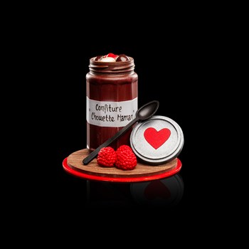 Pot de confiture: " Chouette Maman"  - Chocolat noir, blanc, amandes, noisettes, choconougat et petits coeurs en chocolat 340g 55.-